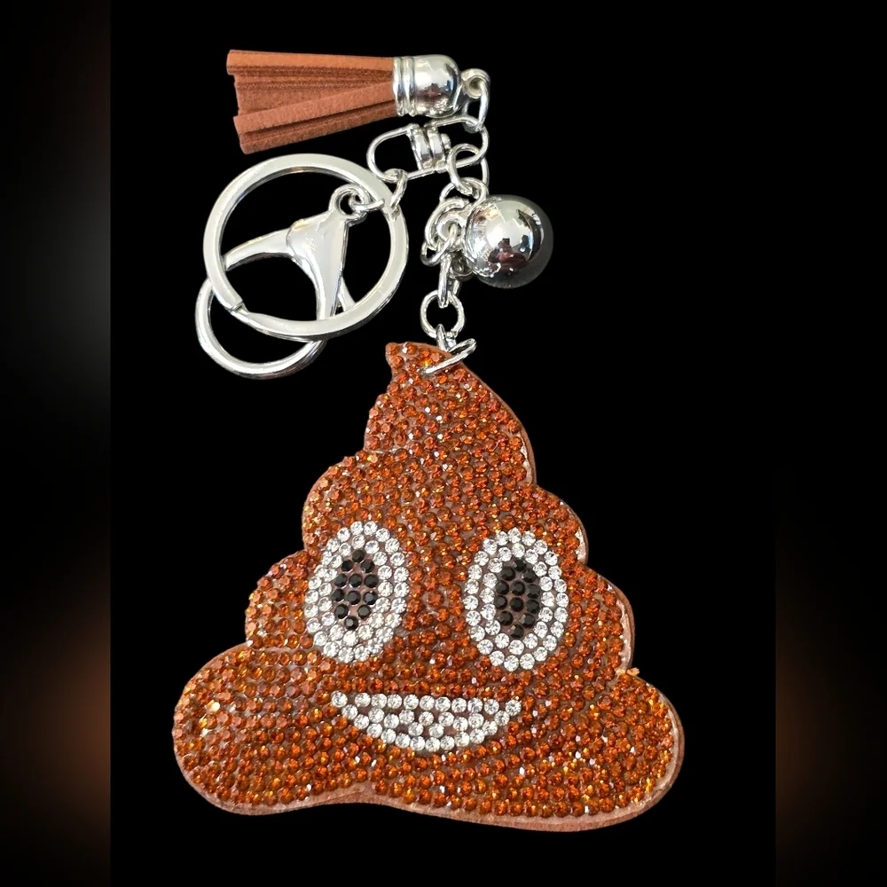 Brown Rhinestone Poop Emoji Bag Charm Keychain